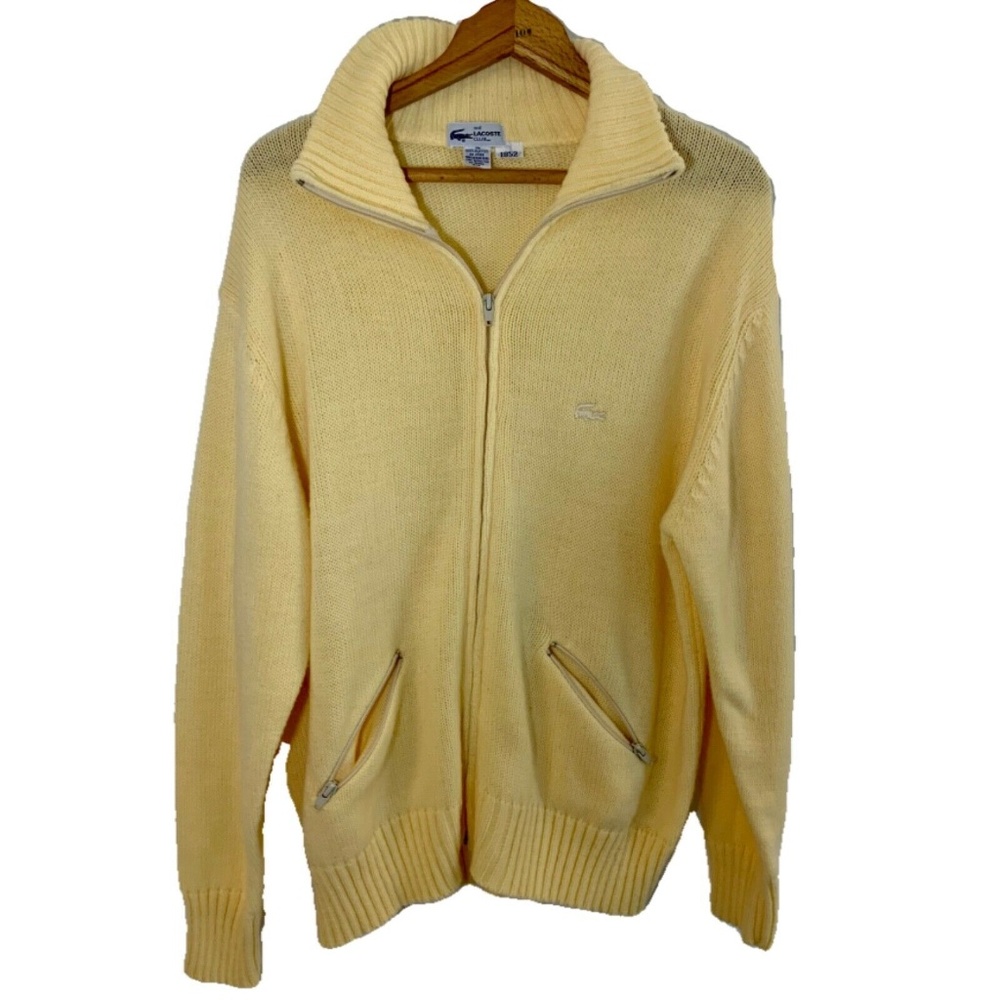 Vintage Lacoste Club Yellow Zip Up Acrylic Sweater Size XL Pastel Long Sleeve